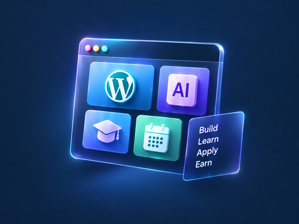 WordPress and AI website design, learning and booking illustration
