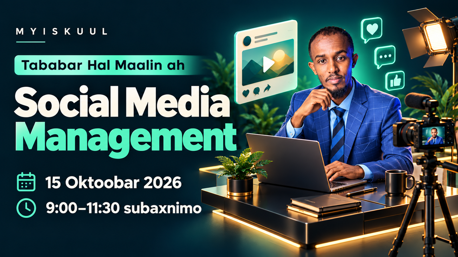 Tababarka Social Media Management ee MyIskuul, 15 Oktoobar 2026, 9:00 ilaa 11:30 subaxnimo.